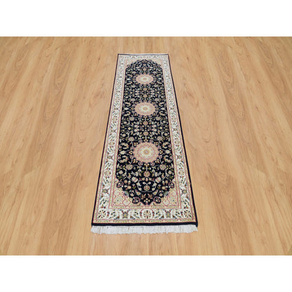 Fine Oriental Wool Hand Knotted Rug Blue Ivory 2.6X8.3 -O065987