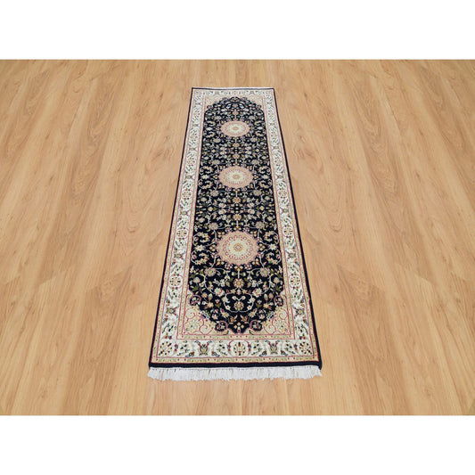 Fine Oriental Wool Hand Knotted Rug Blue Ivory 2.6X8.1 -O065991