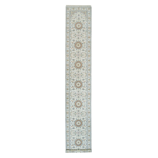 Fine Oriental Wool Hand Knotted Rug Ivory Ivory 2.8X16.7 -O065993