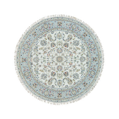 Fine Oriental Wool Hand Knotted Rug Ivory Blue 6.1X6.1 -O065995