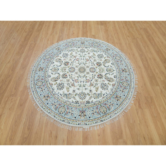 Fine Oriental Wool Hand Knotted Rug Ivory Blue 6.1X6.1 -O065995