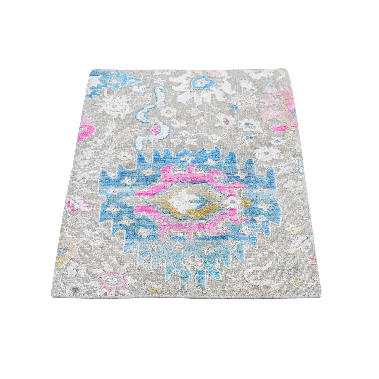 Gray 2'0" x 3'1" Transitional & Sari Hand knotted Wool/Silk Rug - Sku: O066145