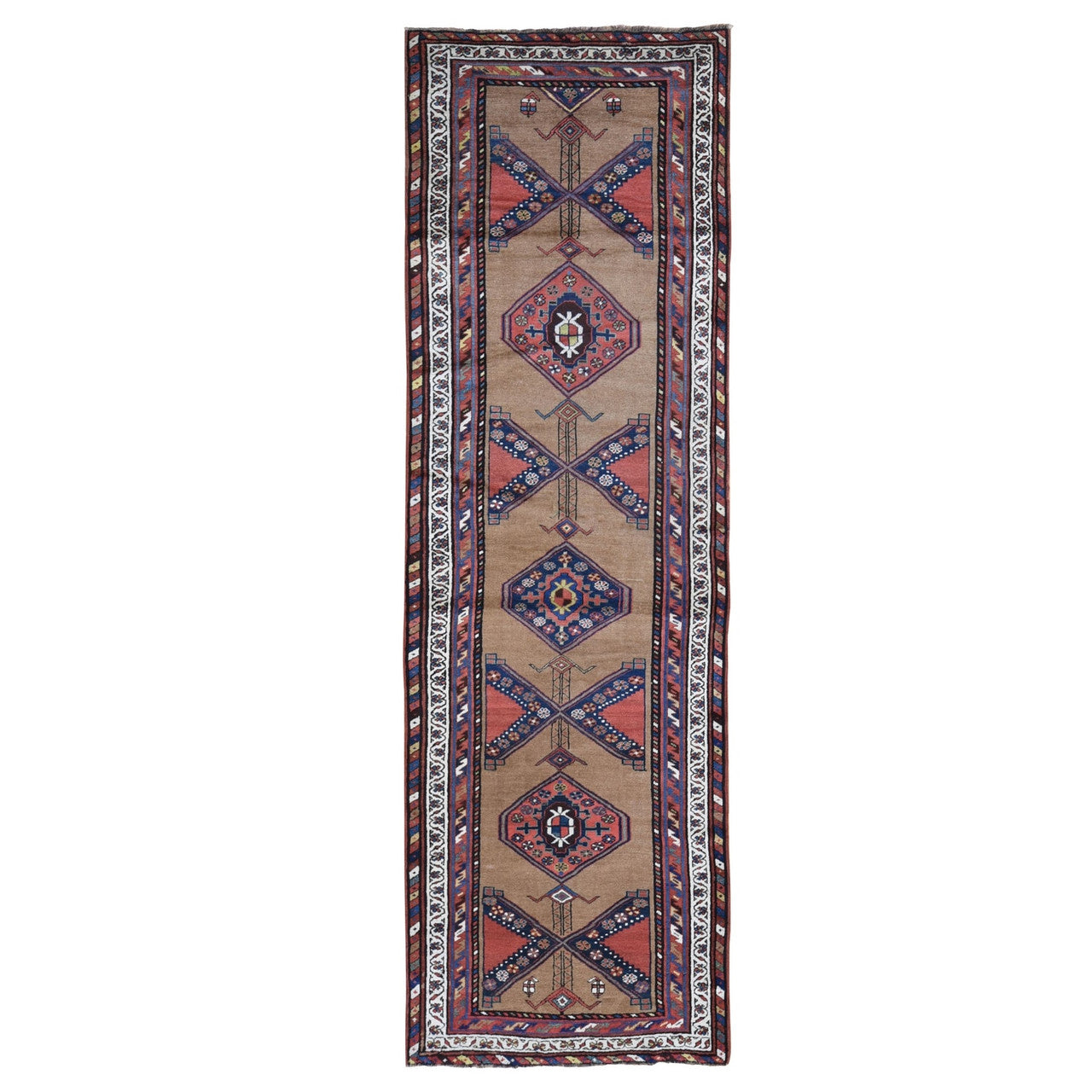 Antique Wool Hand Knotted Rug Brown Ivory 3.9X12.2 -O066185