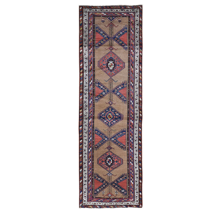 Antique Wool Hand Knotted Rug Brown Ivory 3.9X12.2 -O066185