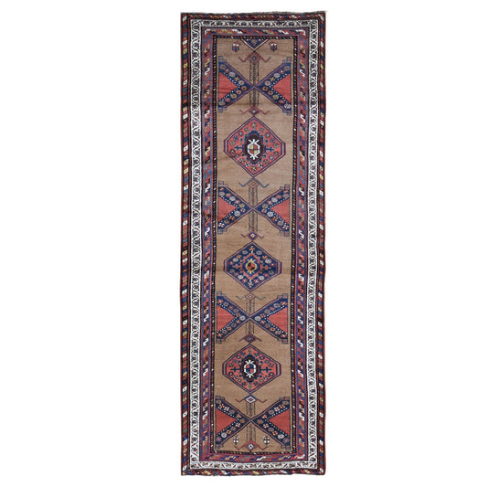 Antique Wool Hand Knotted Rug Brown Ivory 3.9X12.2 -O066185