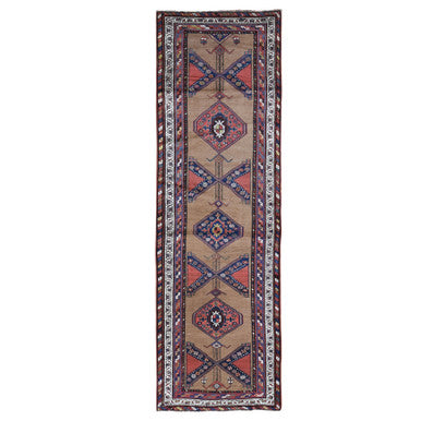 Antique Wool Hand Knotted Rug Brown Ivory 3.9X12.2 -O066185