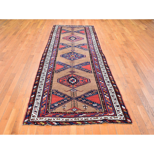 Antique Wool Hand Knotted Rug Brown Ivory 3.9X12.2 -O066185