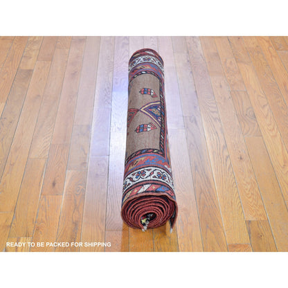 Antique Wool Hand Knotted Rug Brown Ivory 3.9X12.2 -O066185