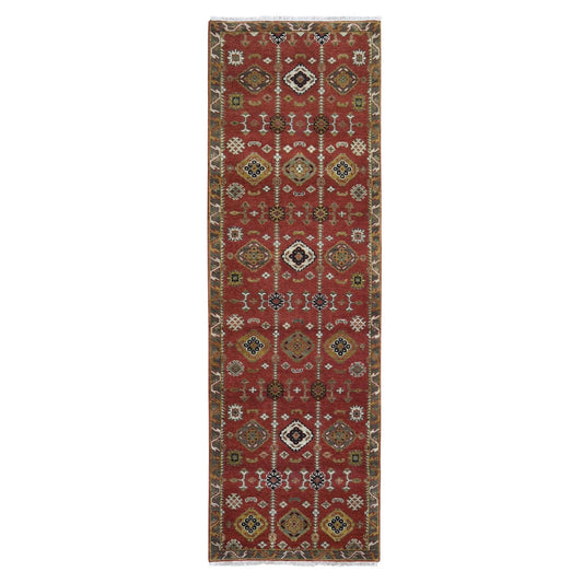 Tribal & Geometric Wool Hand Knotted Rug Red Gray 3.2X10.0 -O066190