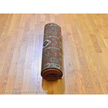 Tribal & Geometric Wool Hand Knotted Rug Red Gray 3.2X10.0 -O066190