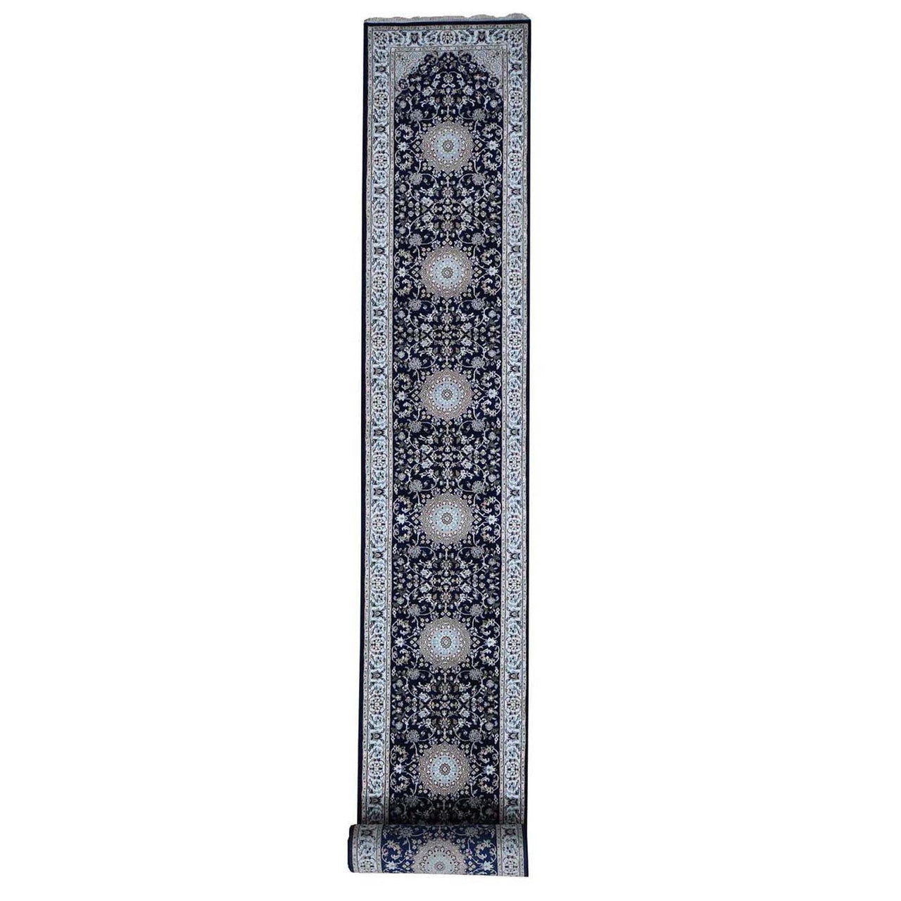 Fine Oriental Wool Hand Knotted Rug Blue Ivory 3.0X18.0 -O066228