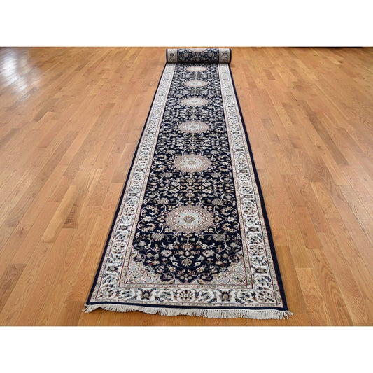 Fine Oriental Wool Hand Knotted Rug Blue Ivory 3.0X18.0 -O066228