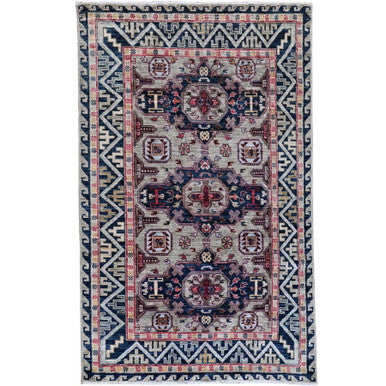 Kazak Wool Hand Knotted Rug Grey Navy Blue 4.1X5.10 -O066306