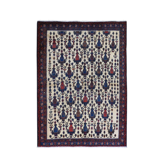 Persian Wool Hand Knotted Rug Ivory Navy Blue 4.10X7.0 -O066315