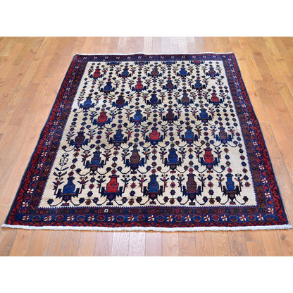 Persian Wool Hand Knotted Rug Ivory Navy Blue 4.10X7.0 -O066315