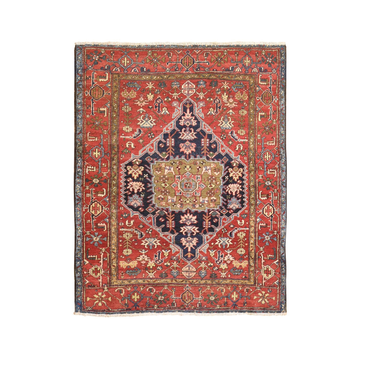 Antique Wool Hand Knotted Rug Blue Pompeian Red 4.10X5.10 -O066322