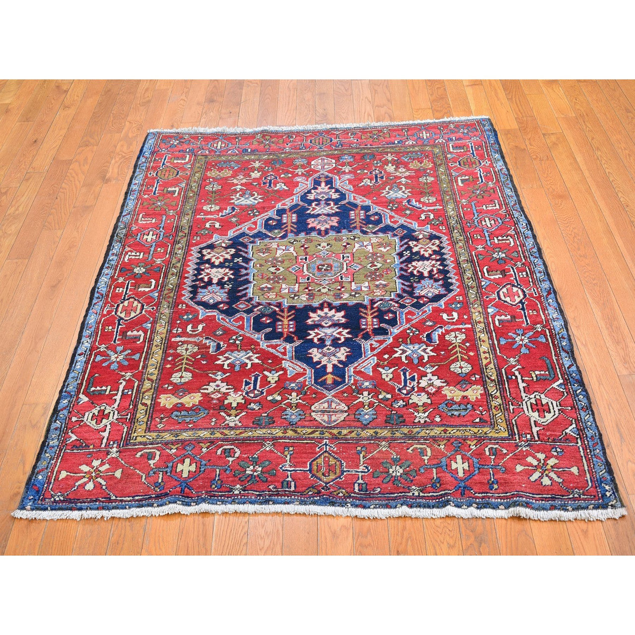 Antique Wool Hand Knotted Rug Blue Pompeian Red 4.10X5.10 -O066322