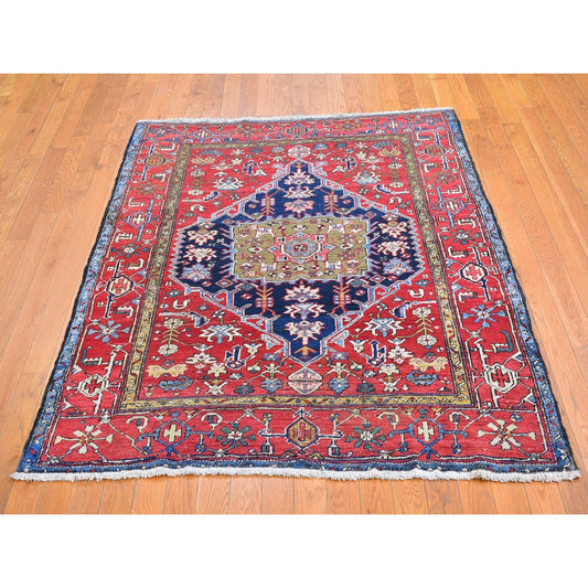 Antique Wool Hand Knotted Rug Blue Pompeian Red 4.10X5.10 -O066322