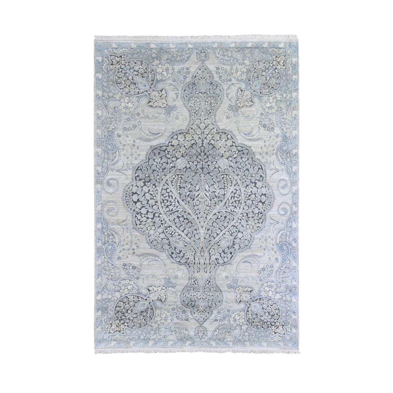 Ivory 6'0" x 9'2" Transitional Hand knotted Wool/Silk Rug - Sku: O066355