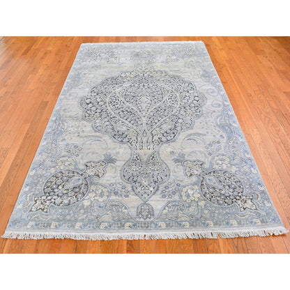 Transitional Wool & Silk Hand Knotted Rug Ivory No Border 6.0X9.2 -O066355