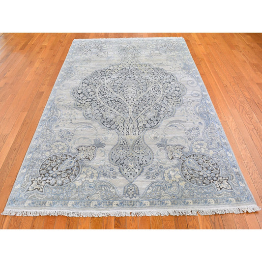 Transitional Wool & Silk Hand Knotted Rug Ivory No Border 6.0X9.2 -O066355