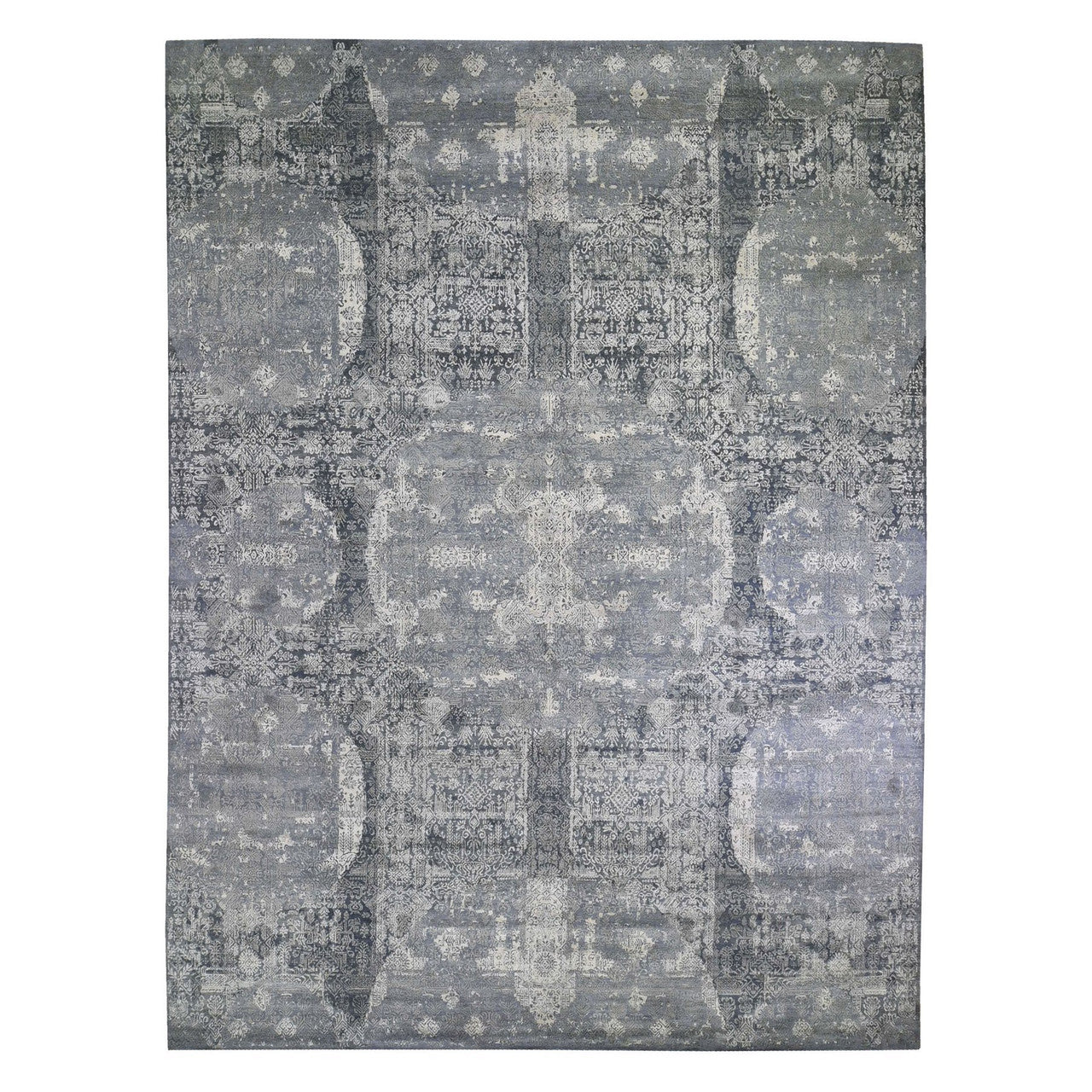 Gray 12'0" x 15'1" Transitional & Pure Hand knotted Wool/Silk Rug - Sku: O066364