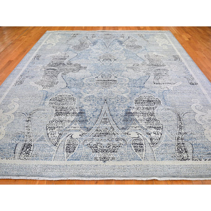 Transitional Wool & Silk Hand Knotted Rug Blue No Border 10.3X14.3 -O066392