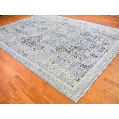 Transitional Wool & Silk Hand Knotted Rug Blue No Border 10.3X14.3 -O066392