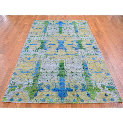 Modern and Contemporary Wool & Silk Hand Knotted Rug Green No Border 6.0X9.4 -O066452