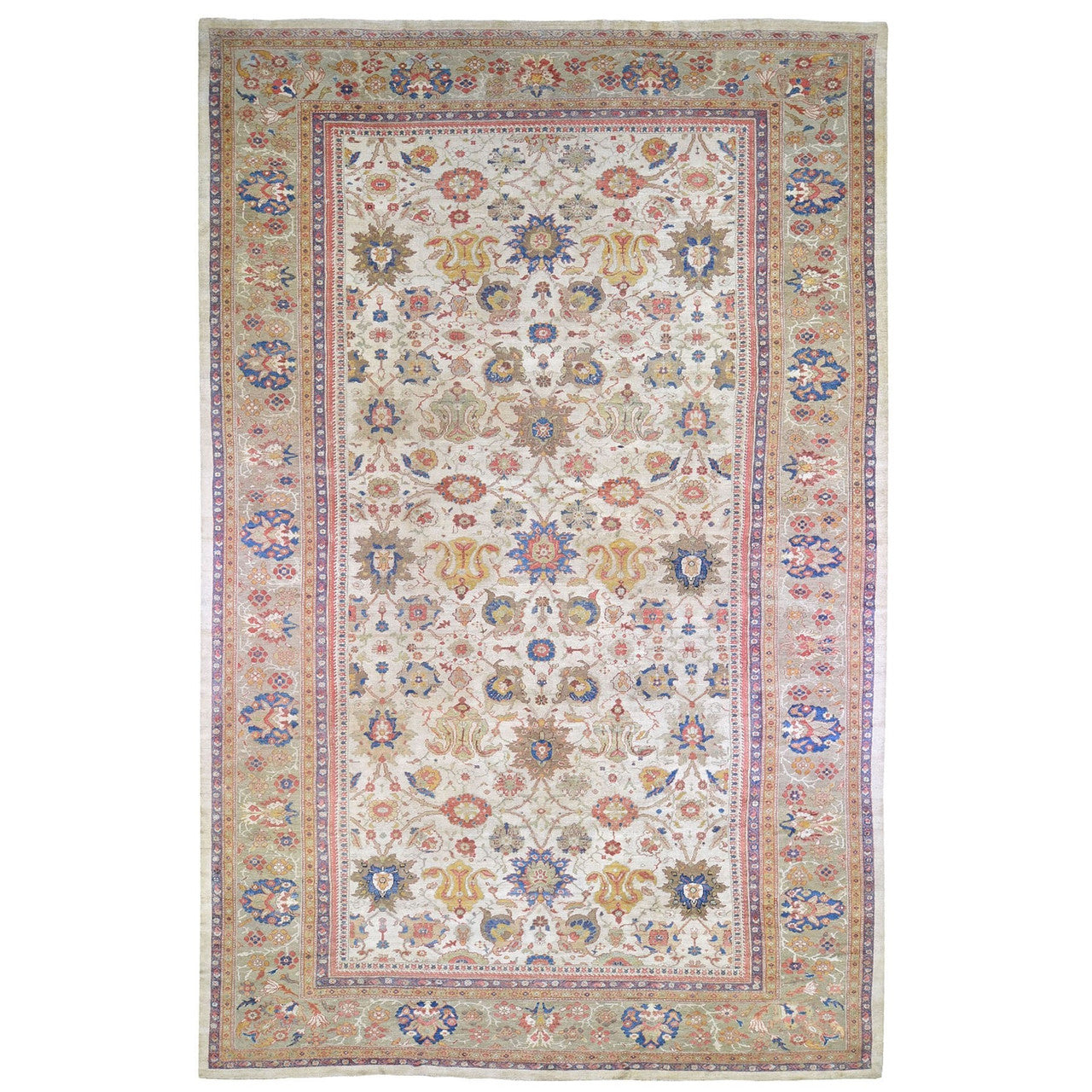 Antique Wool Hand Knotted Rug Beige Light Green 12.0X21.0 -O066457