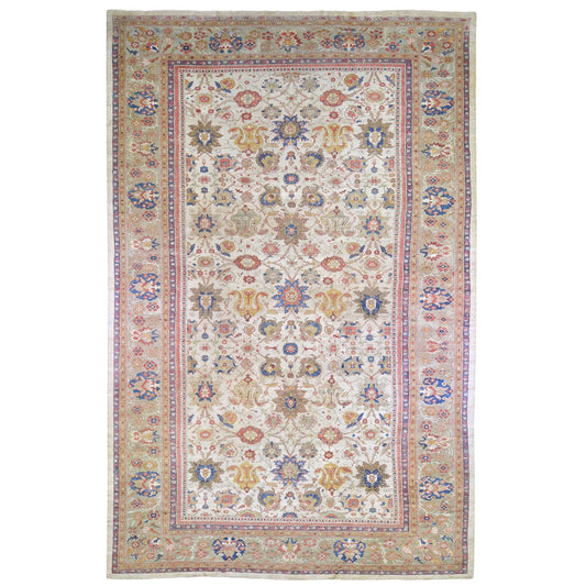Antique Wool Hand Knotted Rug Beige Light Green 12.0X21.0 -O066457