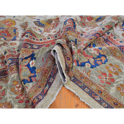 Antique Wool Hand Knotted Rug Beige Light Green 12.0X21.0 -O066457