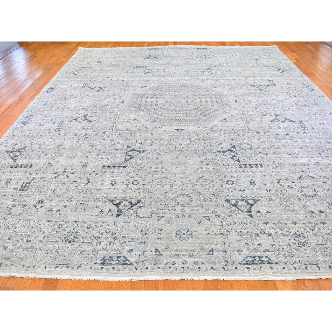 Gray 12'0" x 15'2" Mamluk Hand knotted Wool/Silk Rug - Sku: O066480