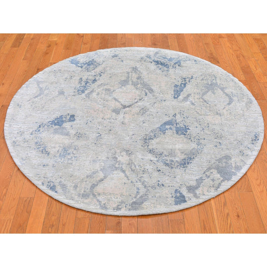 Transitional Wool & Silk Hand Knotted Rug Ivory No Border 6.1X6.1 -O066486