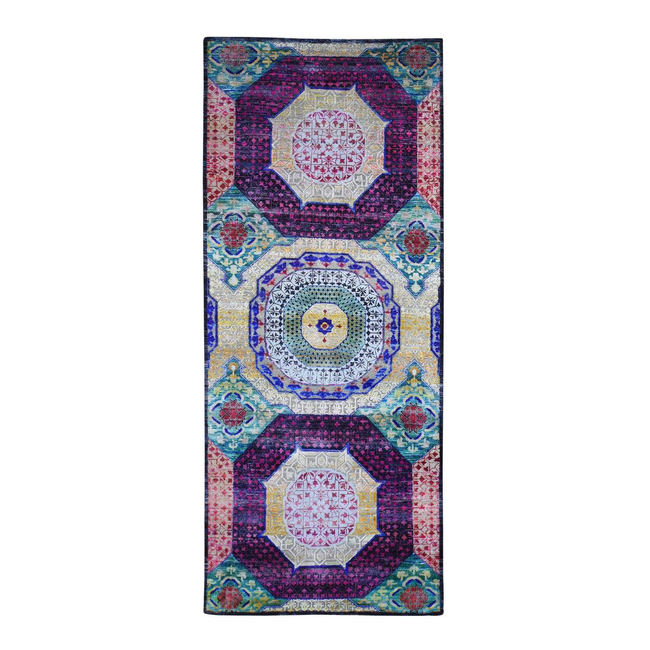 Yellow 4'1" x 10'4" Mamluk Hand knotted Wool/Silk Rug - Sku: O066494