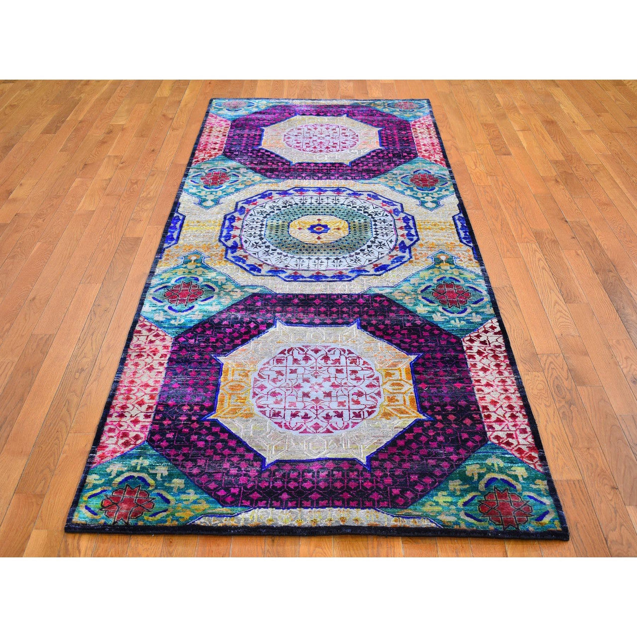 Yellow 4'1" x 10'4" Mamluk Hand knotted Wool/Silk Rug - Sku: O066494