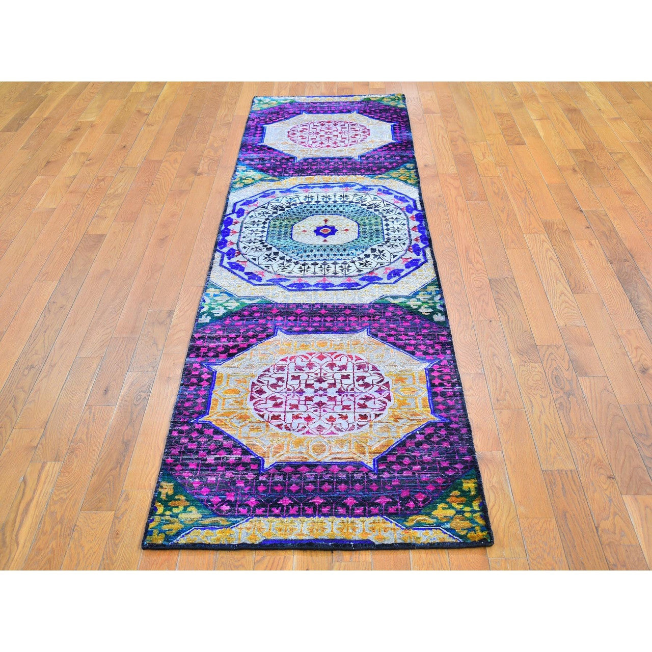 Yellow 2'6" x 10'4" Mamluk Hand knotted Wool/Silk Rug - Sku: O066496