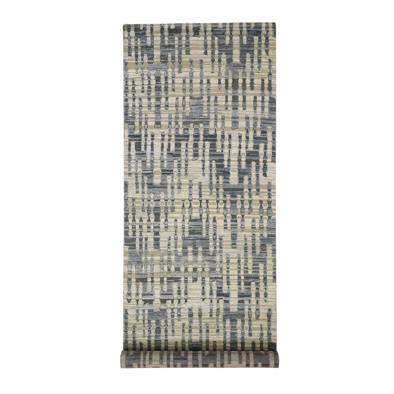 Blue 4'0" x 12'4" Modern and Contemporary Not Border Hand knotted Wool/Silk Rug - Sku: O066518