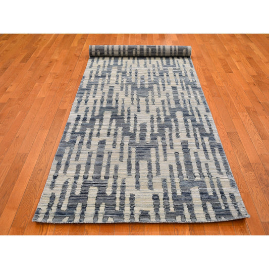 Modern and Contemporary Wool & Silk Hand Knotted Rug Blue Not Border 4.0X12.4 -O066518