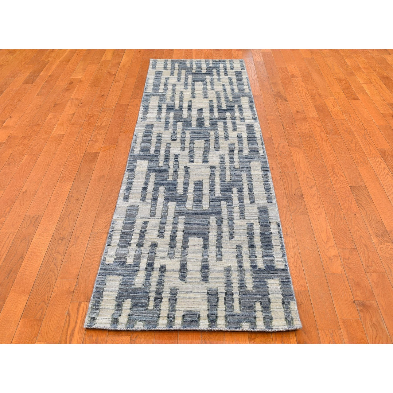 Modern and Contemporary Wool & Silk Hand Knotted Rug Blue Not Border 2.6X10.4 -O066532