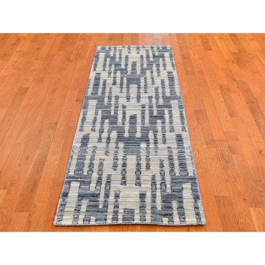Modern and Contemporary Wool & Silk Hand Knotted Rug Blue Not Border 2.7X8.2 -O066535