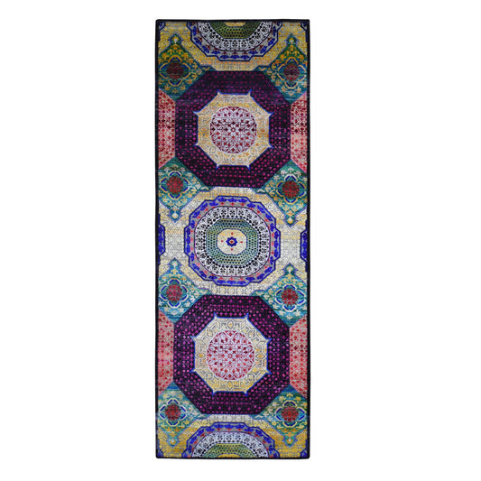 Modern and Contemporary Wool & Silk Hand Knotted Rug Yellow Not Border 4.1X12.3 -O066544