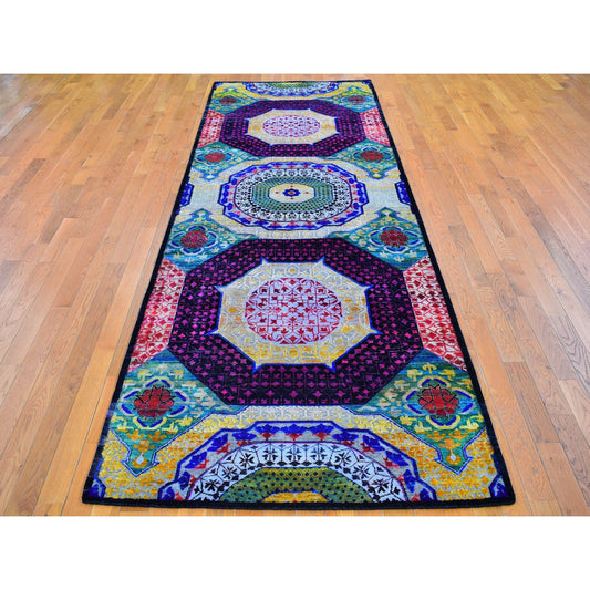 Modern and Contemporary Wool & Silk Hand Knotted Rug Yellow Not Border 4.1X12.3 -O066544