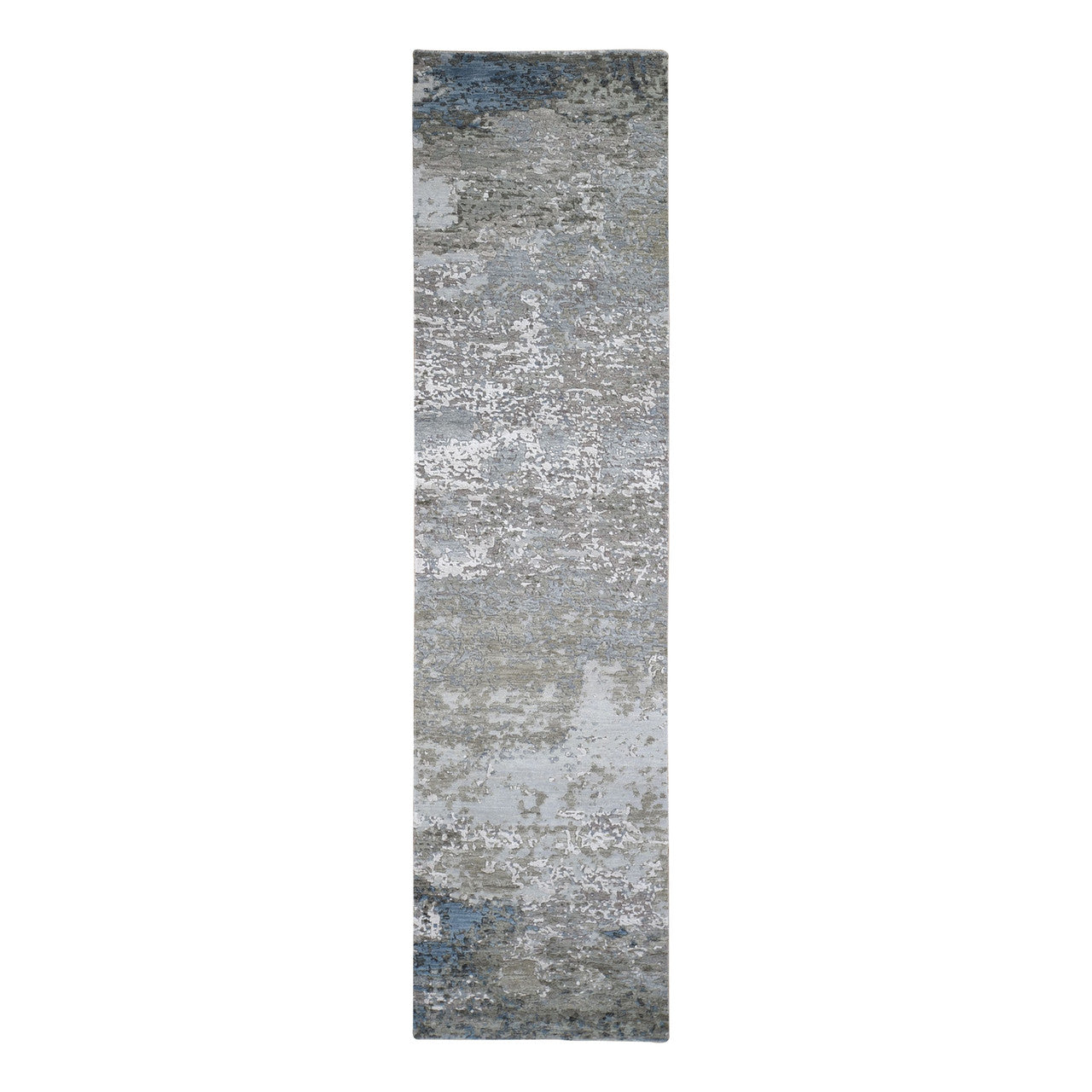 Gray 2'6" x 10'6" Modern and Contemporary Not Border Hand knotted Wool/Silk Rug - Sku: O066556