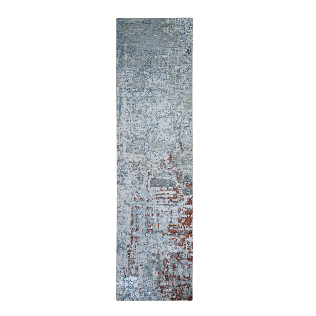 Blue 2'6" x 10'2" Modern and Contemporary Not Border Hand knotted Wool/Silk Rug - Sku: O066570