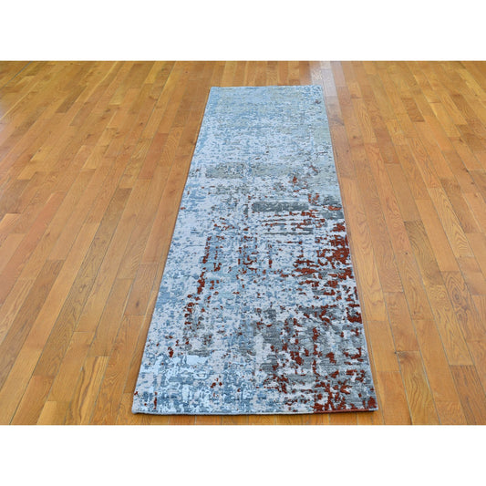 Modern and Contemporary Wool & Silk Hand Knotted Rug Blue Not Border 2.6X10.2 -O066570