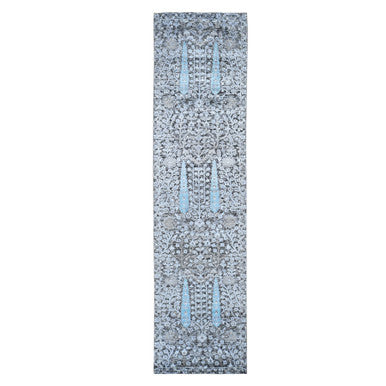 Transitional Wool & Silk Hand Knotted Rug Black No Border 2.7X10.1 -O066583