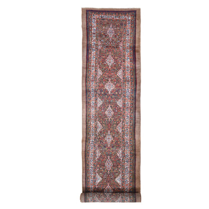 Antique Wool Hand Knotted Rug Brown Not Border 3.6X17.4 -O066593