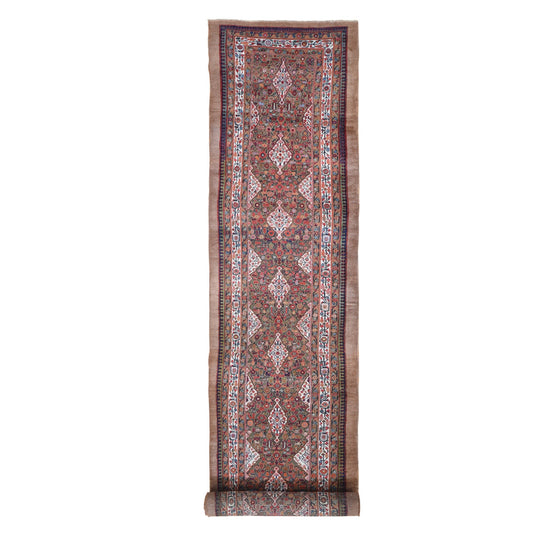 Antique Wool Hand Knotted Rug Brown Not Border 3.6X17.4 -O066593