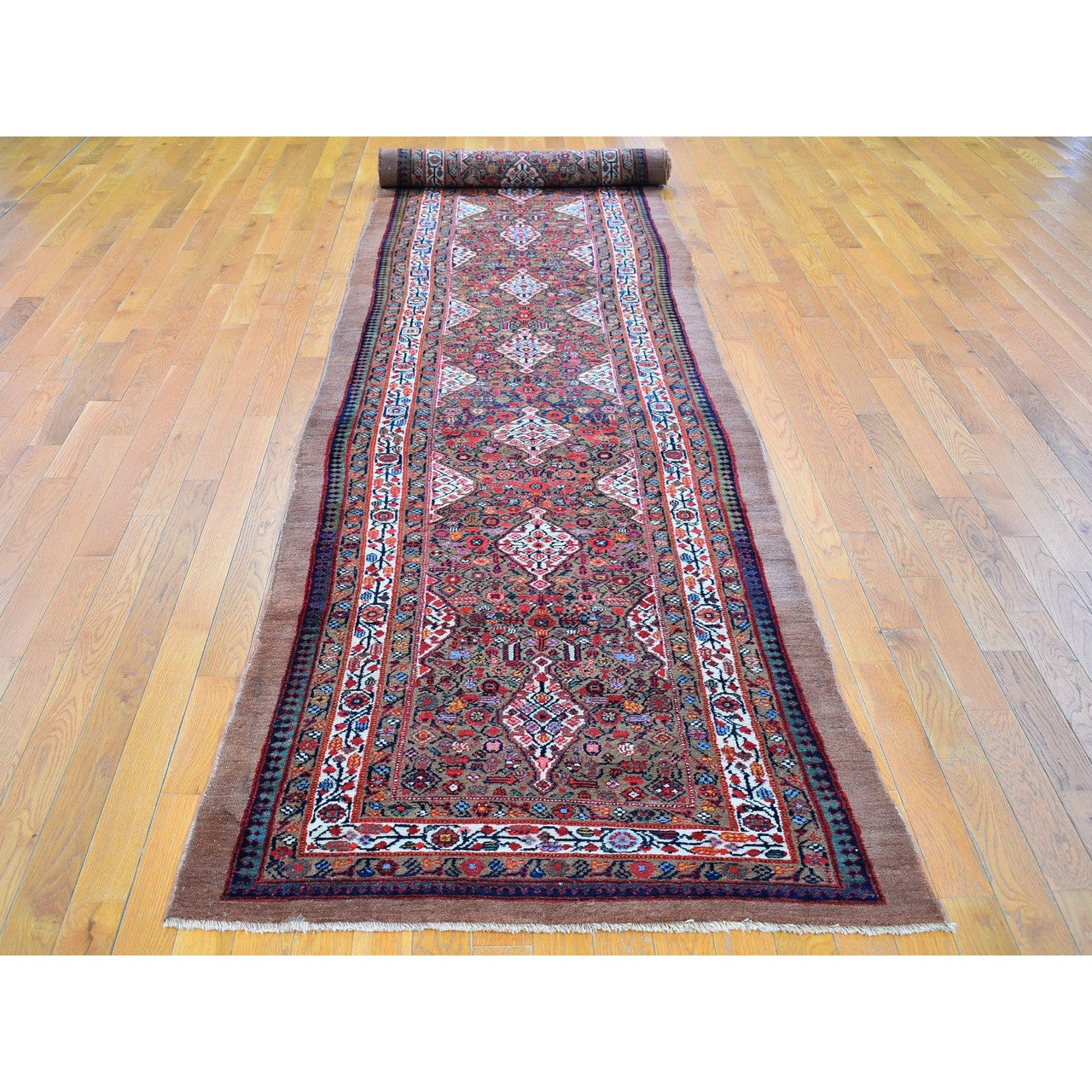 Antique Wool Hand Knotted Rug Brown Not Border 3.6X17.4 -O066593